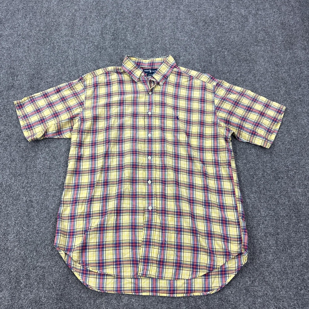 Vintage Ralph Lauren Shirt Mens L Yellow Blue Plaid Short Sleeve Blake Button